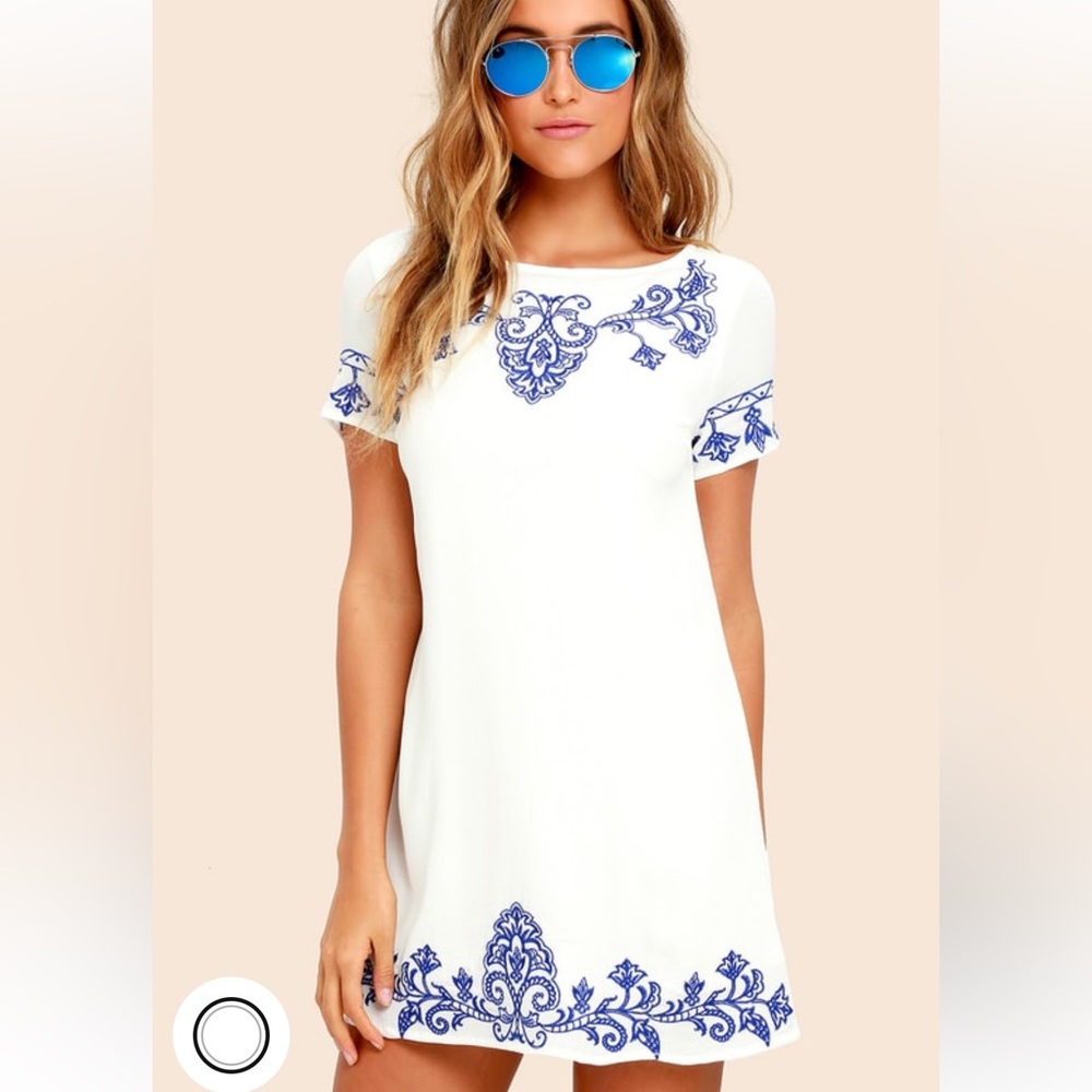 Lulus Tale to Tell Blue and Ivory Embroidered Shift Dress